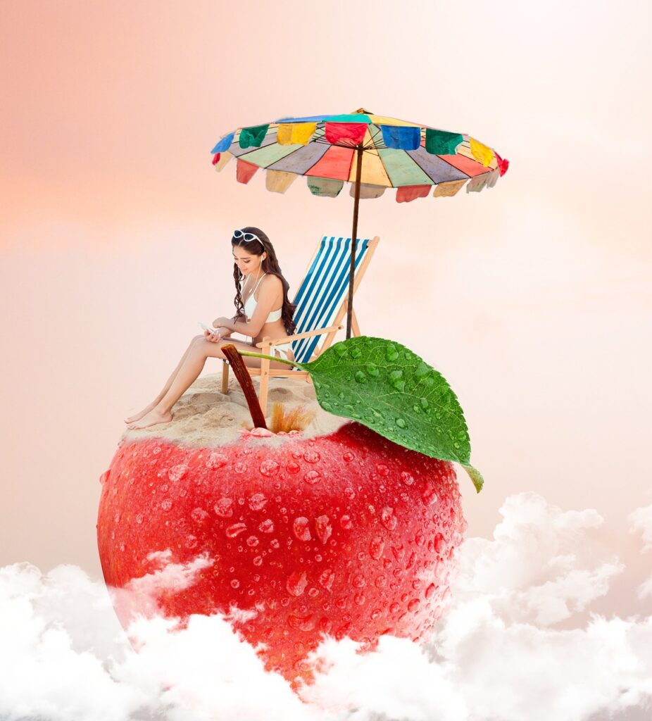 woman on apple, apple, nature, summer, beach, read, deck chair, clouds, composition, heaven, template, website, facebook, instagram, ebook cover, romance novel, humor